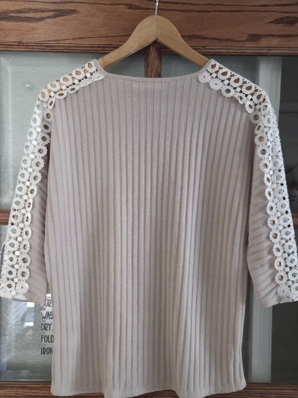 PerSeption Concept Cream Ribbed Top with Lace-Trim Sleeves